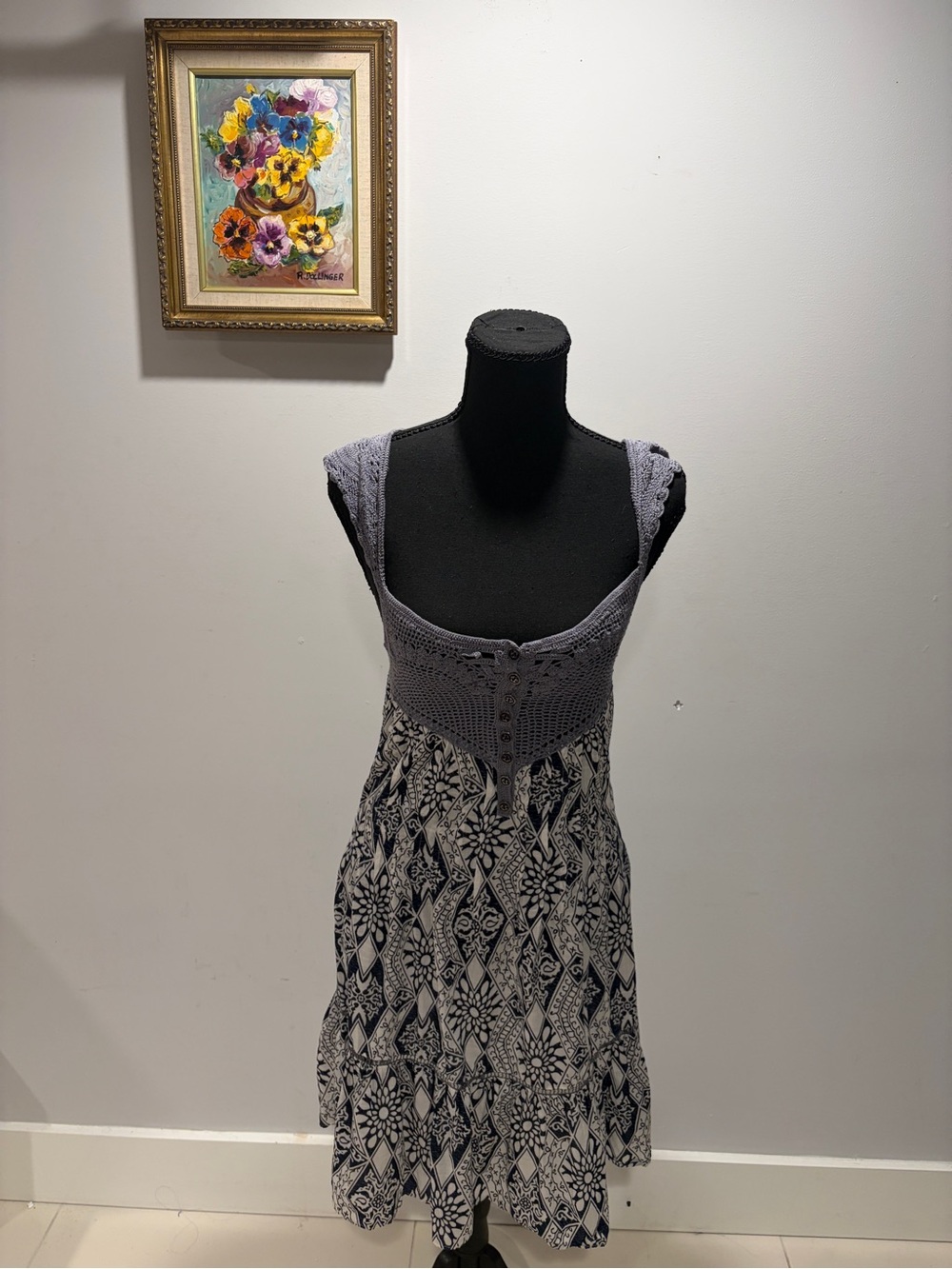Free People Mini Dress Crochet  Babydoll Cowgirl Boho Floral fairy